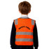 A kid's hi-vis reflective safety vest in bright orange with reflective stripes and a logo on the back.