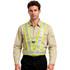 A reflective adjustable safety vest in yellow and silver, featuring a logo, worn by a male model.