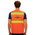A hi-vis reflective orange safety vest with yellow stripes and pockets, featuring a logo on the back.