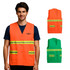 Hi-Vis reflective button-down safety vests in orange and green, featuring pockets and reflective stripes.