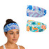 A polyester spandex sport headband featuring vibrant patterns in purple, blue, and tropical fruit designs, with a logo.