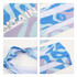 A patterned polyester spandex sport headband in shades of blue and purple, featuring a branded logo.