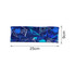 A wide headband in blue featuring abstract geometric patterns and dimensions of 25cm by 9cm. It has a logo.