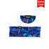 A wide warm headband in blue with a geometric pattern and a logo. The fabric is brushed polyester.