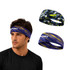 A man wearing two stylish brushed polyester thermal headbands in blue and patterned designs, featuring a logo.
