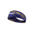 A thermal headband in purple and yellow with a decorative pattern and a logo.