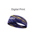 A patterned purple and yellow headband made of brushed polyester, featuring a logo.