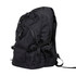 A black backpack featuring multiple compartments and adjustable straps, with a side mesh pocket and branding.