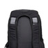 A black backpack featuring padded shoulder straps and a textured back panel. It has a logo on the fabric.