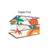 A twill weave narrow scarf featuring a digital print with colourful tropical designs and a brown border.