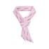 A pink chiffon narrow scarf featuring a repeating pattern and a logo.