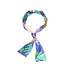 A vibrant satin long scarf featuring a blue background with tropical patterns in green, pink, and orange hues.