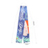 A long satin scarf in blue with festive Christmas Day design and a print of Santa, measuring 145cm by 12cm.