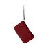 A red neoprene cosmetic bag with a handle, featuring a zip closure and a black edge. It has a logo on it.