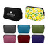 A neoprene cosmetic bag in various colours, including black, grey, teal, green, pink, red, and purple, featuring a lemon-patterned design.