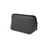 A grey neoprene cosmetic bag with a zip closure and stitched detailing. Features a branding logo.