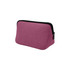 A pink neoprene cosmetic bag with a black zipper and stitched detailing. It has a smooth, soft texture.