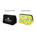 A black neoprene cosmetic bag with a logo and a yellow bag with a lemon pattern. Both feature zippers.