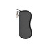 A grey neoprene glasses pouch with a zipper and clip for easy attachment. It features a smooth surface and curved design.