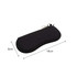 A black neoprene glasses pouch with a zip closure, measuring 18 cm by 8 cm, featuring a clip and a logo.