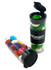A clear flip lid tube containing colourful choc beans in various shades, with a black branding band.
