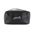 A black toiletry bag with a zip closure and a handle, featuring a logo on the front.