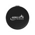 A round black makeup mirror with a logo and a silver clasp. The mirror has a sleek, polished finish.