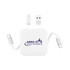 A charging device in white with a retractable cable and USB connectors, featuring a logo.