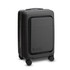 A black carry-on suitcase with a sleek design and wheels, featuring a logo on the side.
