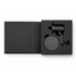 A black car phone holder with a mount, displayed inside a black packaging box. The product includes a holder and a base.