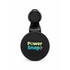 A black car phone holder with a round shape and a branding logo on the front.