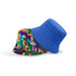 A reversible bucket hat in vibrant multicolours on one side and solid blue on the other, featuring a logo.