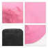 A pink bucket hat featuring a card pocket, showcasing stitching details and a black underside. The hat also has a logo.