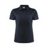 A navy blue women's polo shirt featuring a collar and three buttons, with a logo on the label.