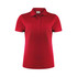 A red women's polo shirt featuring a collar and three buttons, with a logo at the neck.