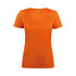 An orange women's active tee with a crew neckline and short sleeves, featuring a logo.