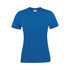 A bright blue women's t-shirt with short sleeves and a round neckline, featuring a logo on the label.
