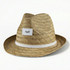 A Panama straw hat in natural tan with a white band and a logo on the side.