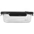 A glass lunch box with a black lid and clips, featuring a clear glass body. It has a sleek and modern design.