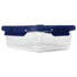 A clear glass lunch box with a navy blue clip-on lid, featuring a sleek square design.