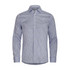A men's button-up shirt featuring a blue and white check pattern, complete with a collar and long sleeves.