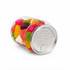 A clear can filled with colourful jelly sweets, including shapes like berries, cubes, and more.