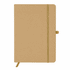 A cardboard-coloured A5 notebook featuring a textured cover, an elastic closure, and a bookmark ribbon.