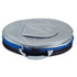 A circular cooler bag with a silver top, blue and black sides, featuring a handle and a zip closure.