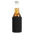 A drink bottle is encased in a black stubby holder, designed to keep beverages insulated.