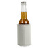 A grey stubby holder surrounds a drink bottle with a sparkling beverage inside. It features a logo.