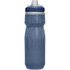 A drink bottle in a dark blue hue with a clear body, featuring a lid and a built-in straw.
