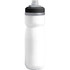 A drink bottle in white with a black cap, featuring a spout for easy sipping and a logo.