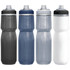 A drink bottle collection in black, dark blue, light blue, and white, featuring a brand logo.
