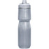 A drink bottle in clear grey with a white cap and a textured grip design. It features a logo on the side.